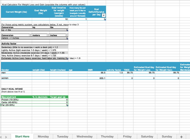 Calorie Deficit and Surplus Calculator and Macro Tracking Spreadsheet