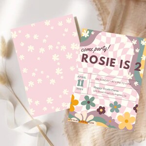 Editable Groovy Retro Birthday Party Invitation Kids Party Birthday Boho Retro Flower Power 70&#39;s Girl Download Template Daisy One Festival