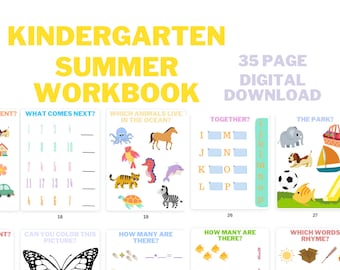 36 KINDERGARTEN WORKSHEETS, Summer Theme Printable Worksheets Kindergarten, Activity Busy Book Kindergarten Workbook, Phonics, Counting
