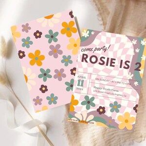 Editable Groovy Retro Birthday Party Invitation Kids Party Birthday Boho Retro Flower Power 70&#39;s Girl Download Template Daisy One Festival