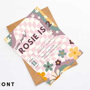 Editable Groovy Retro Birthday Party Invitation Kids Party Birthday Boho Retro Flower Power 70&#39;s Girl Download Template Daisy One Festival
