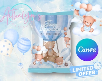 May include: A blue and white party favor bag featuring teddy bears, balloons, and a hot air balloon design. The bag is decorated with the text "Kienzo Seandrei 1st Birthday" and the Canva logo.