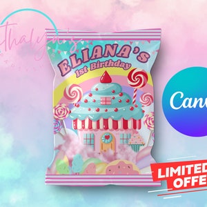 Könnte beinhalten: Eine rosa und weiße Partytüte mit Bonbon-Motiv, einem Comic-Cupcake-Haus und dem Text "Eliana's 1st Birthday".