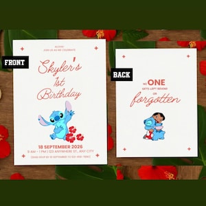 Custom Editable Printable Lilo and Stitch Birthday Party Invitation Template - Front and Back Design - Hawaiian Theme - Instant Download