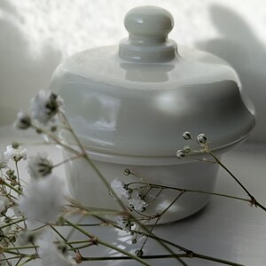 May include: A pale grey ceramic lidded pot with a rounded base and a small knob. Sprigs of delicate white flowers with tiny buds are arranged around the pot, creating a soft, natural aesthetic. The pot is likely used for storage or display.