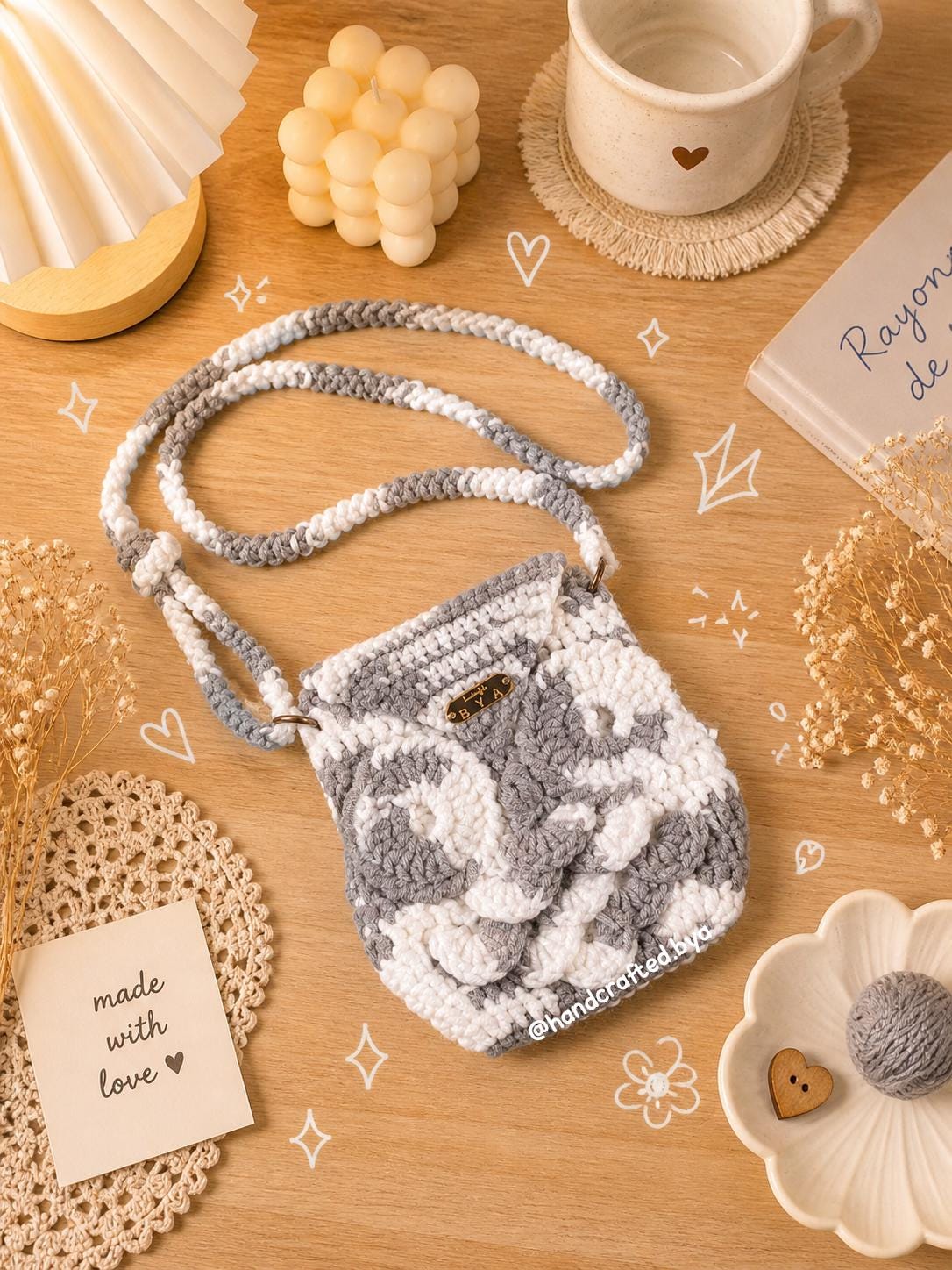 Handmade Crochet White Grey Owl Bag | Cottagecore Boho Shoulder Purse, Woodland Accessory