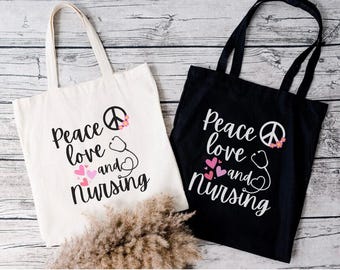 Bolsa de tecido Peace Love Nursing, presente para enfermeira, lona de algodão.