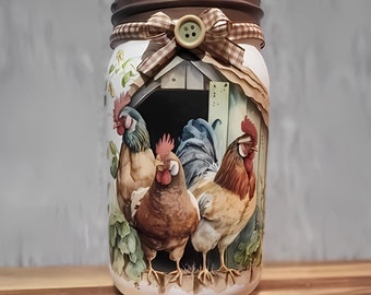 Chickens & Henhouse Decoupaged Mason Jar ~ Optional Tissue Holder. Utensil Holder. Housewarming Gift. Birthday Gift.