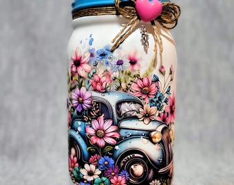 Whimsical Floral Vintage Car Mason Jar ~  Trinket Jar. Birthday Gift. Make-up Brush Holder. Coin Bank Option.