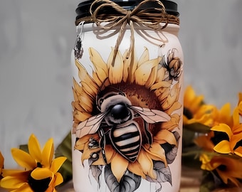 Sunflowers & Bees Decoupaged Mason Jar ~ Optional Tissue Holder. Centerpiece/Vase. Birthday Gift. Housewarming Gift.