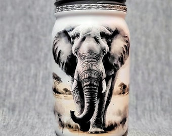 African Grey Elephant Mason Jar ~ Hand-painted & Decoupaged. Birthday Gift. Housewarming Gift. Home Decor. Centerpiece/Vase.