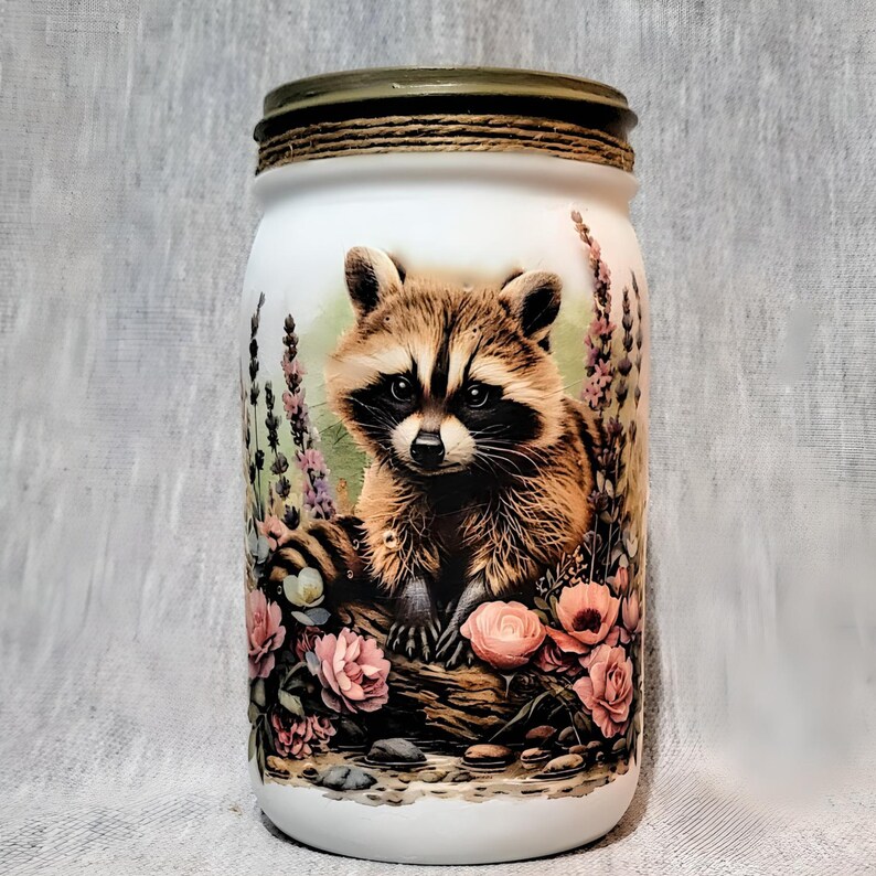 Springtime Raccoon Decoupaged Mason Jar ~ Birthday Gift. Housewarming ...