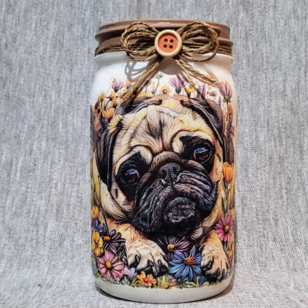 Springtime Pug Unique Springtime Pug Decoupaged Mason Jar ~ Housewarming Gift ...