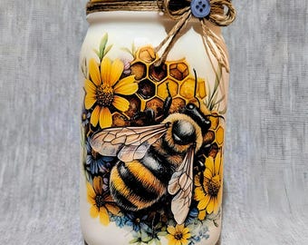 Flowers and Bee Decoupaged Mason Jar ~ Centerpiece/Vase. Housewarming Gift. Birthday Gift.