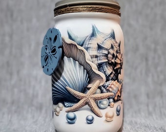 Seashells & Starfish Decoupaged Mason Jar #1 ~ Bathroom Decor. Makeup Brush Holder. Housewarming Gift. Centerpiece/Vase