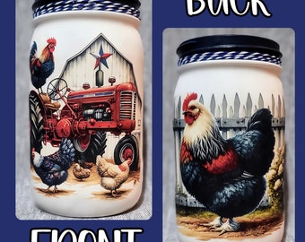 Americana Farm & Chicken Mason Jar/Utensil Holder ~  Hand-Painted and Decoupaged. Housewarming Gift. Birthday Gift. Unique Gift.