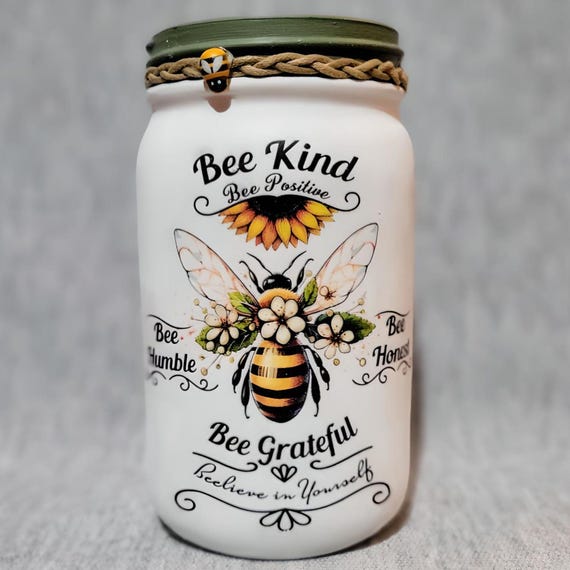 Bee Kind Decoupaged Mason Jar ~ Positive Thoughts. Housewarming Gift. Birthday Gift. Gift for Teen.