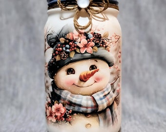 Handcrafted Snowman Mason Jar: Holiday Decor, Tealight Holder