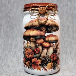 Autumn Mushrooms Decoupaged Mason Jar ~ Birthday Gift. Housewarming Gift. Centerpiece/Vase.
