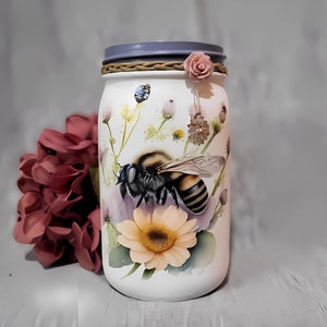 Bee & Wildflowers Decoupaged Mason Jar with Attached Charm ~ Birthday Gift. Housewarming Gift. Centerpiece/Vase.