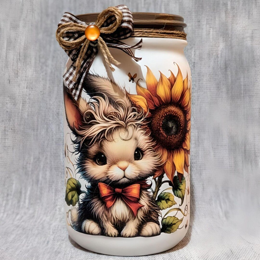 Whimsical Rabbit Decoupaged Mason Jar ~ Centerpiece/vase. Birthday Gift ...