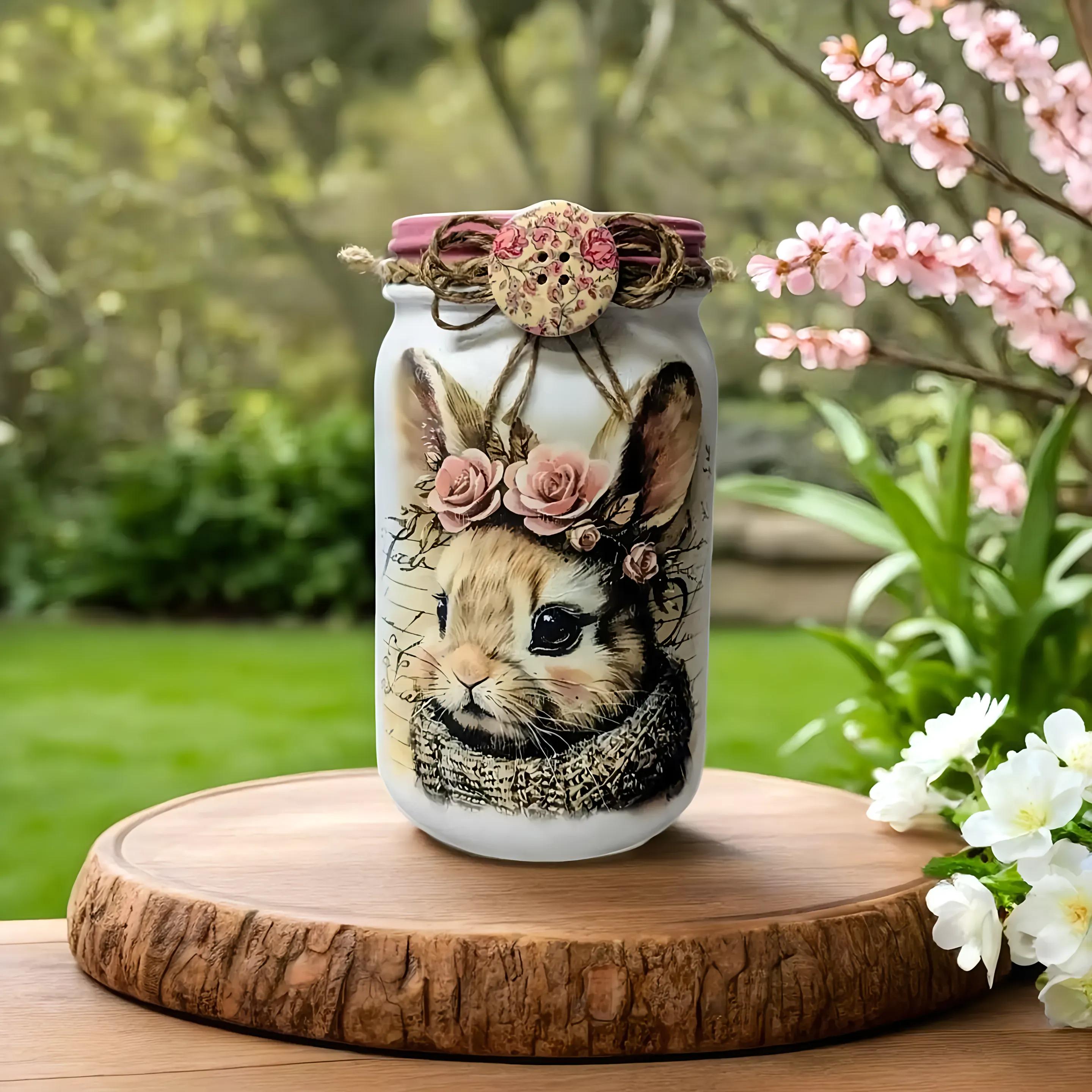 Victorian Rabbit Decoupaged Mason Jar ~ Birthday Gift. Centerpiece/vase ...