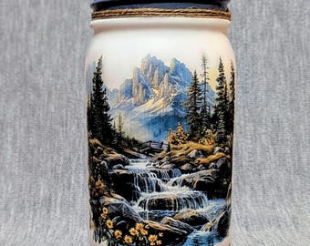 Mountain Landscape Decoupage Mason Jar ~ Available as Tissue/Tealight Holder. Birthday Gift. Housewarming Gift. Rustic Decor.