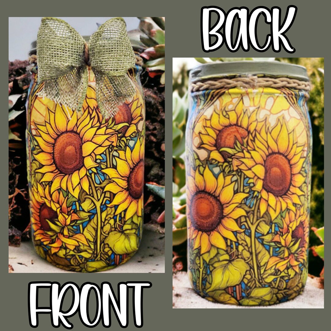 Sunflower 'stained Glass' Mason Jar With Fairy Lights Etsy