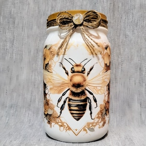 Bee-utiful Blossoms: Handcrafted Decoupaged Mason Jar with Charming Bee Motif ~   Housewarming Gift. Birthday Gift. Centerpiece/Vase.