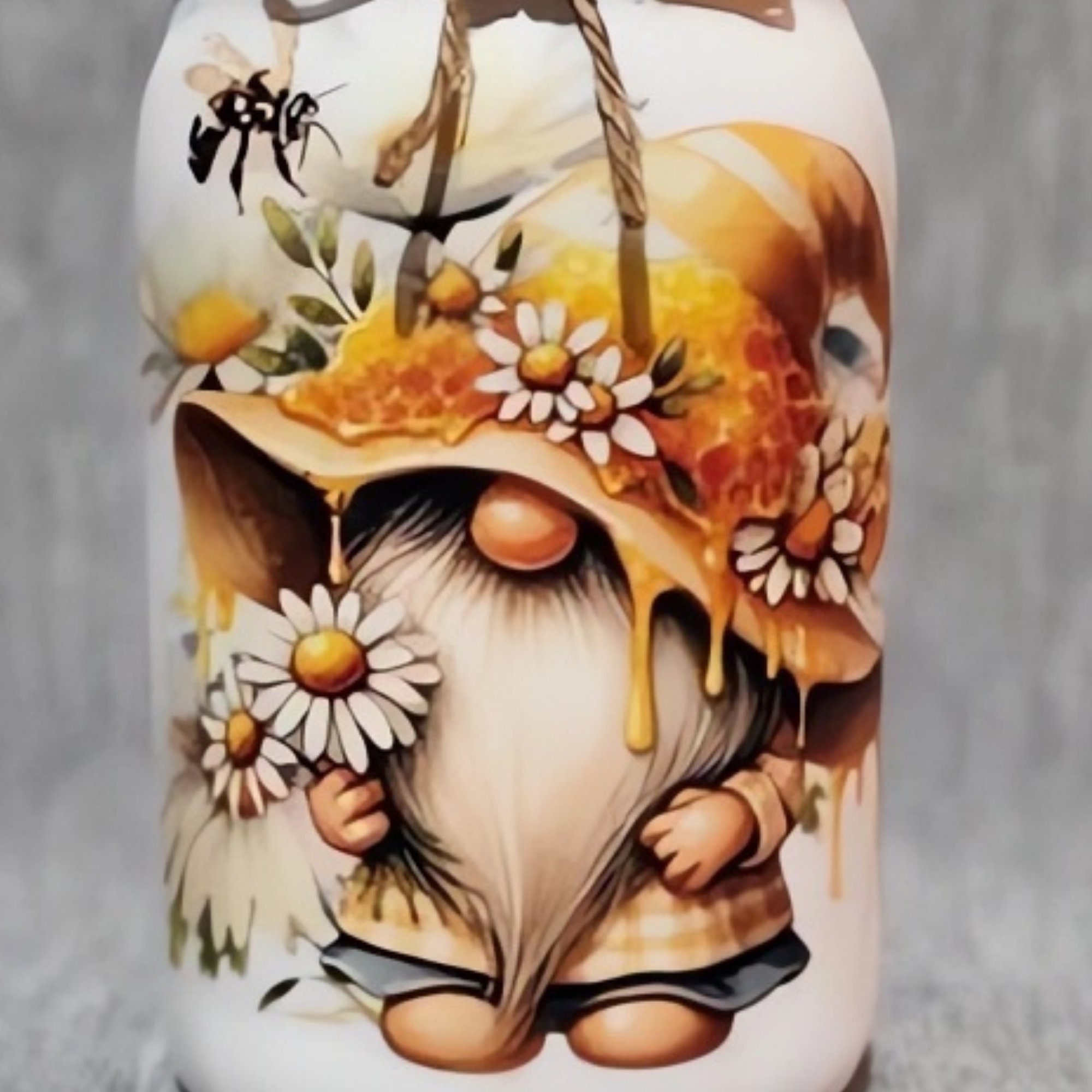 Honey Bee and Daisies Decoupaged Gnome Mason Jar ~ Housewarming Gift ...