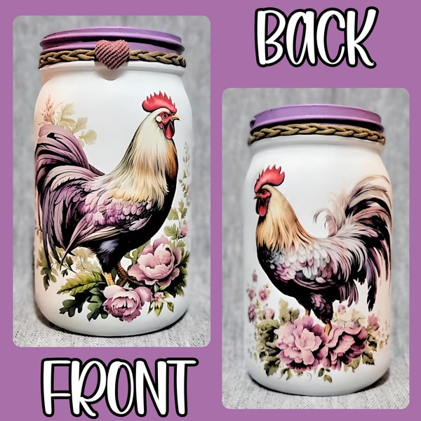 Pretty Lavender  Roosters  Decoupaged Mason Jar ~  Utensil Holder. Housewarming Gift. Birthday Gift. Centerpiece/Vase. Fancy Roosters.