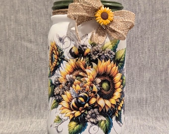 Sunflowers & Bees Decoupaged Mason Jar #2 ~ Centerpiece/Vase. Kitchen Decor. Birthday Gift. Housewarming Gift.