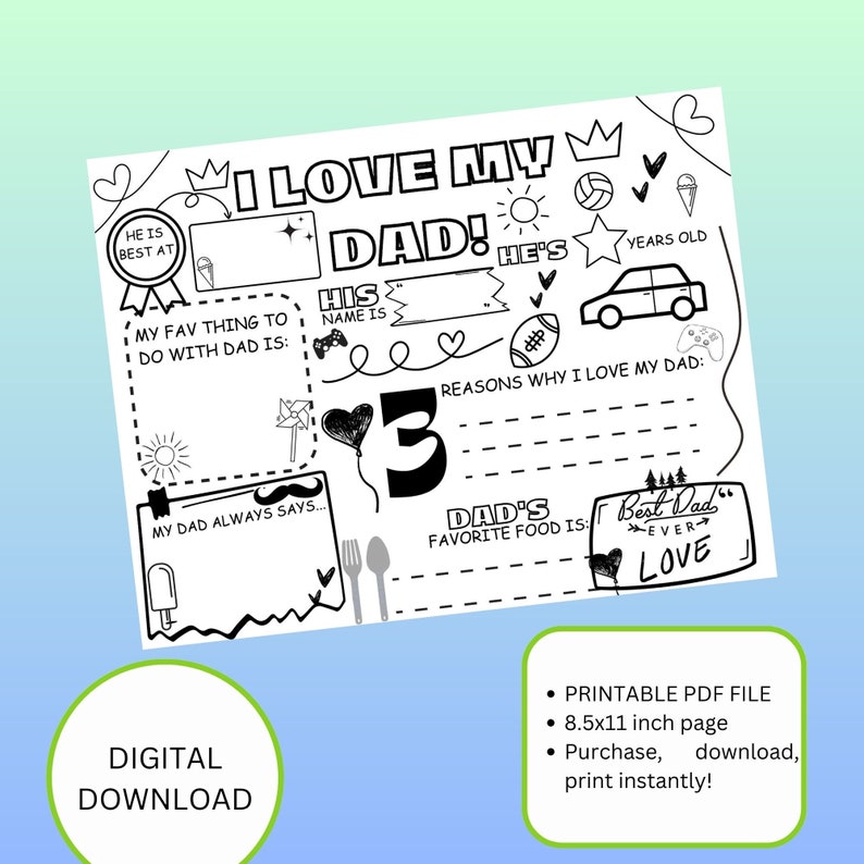 Father's Day Fun Pack: Printable Coloring Page Fill-in - Etsy