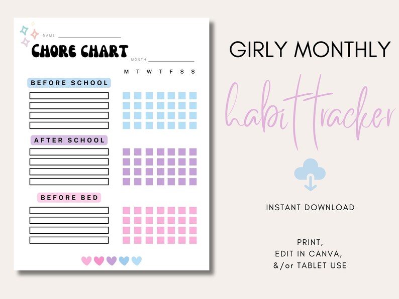Habit Tracker, Printable Before & After Kids Chore Checklist, Habit ...