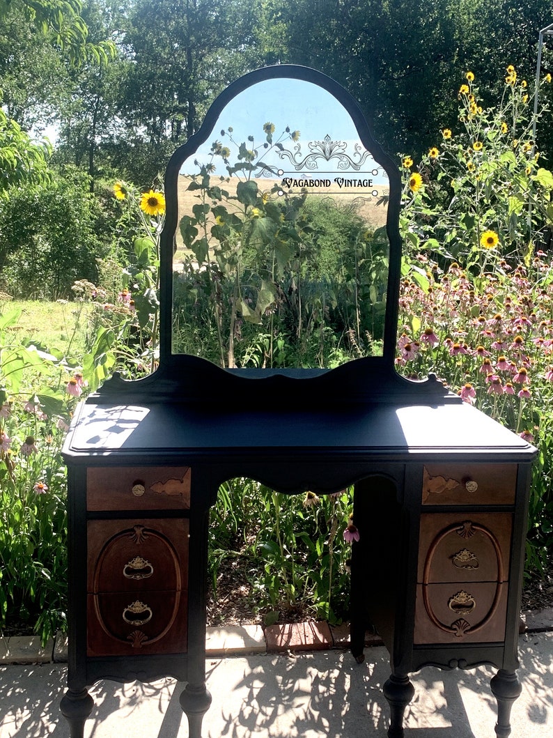 Vintage Painted Black Vanity With Mirror Etsy