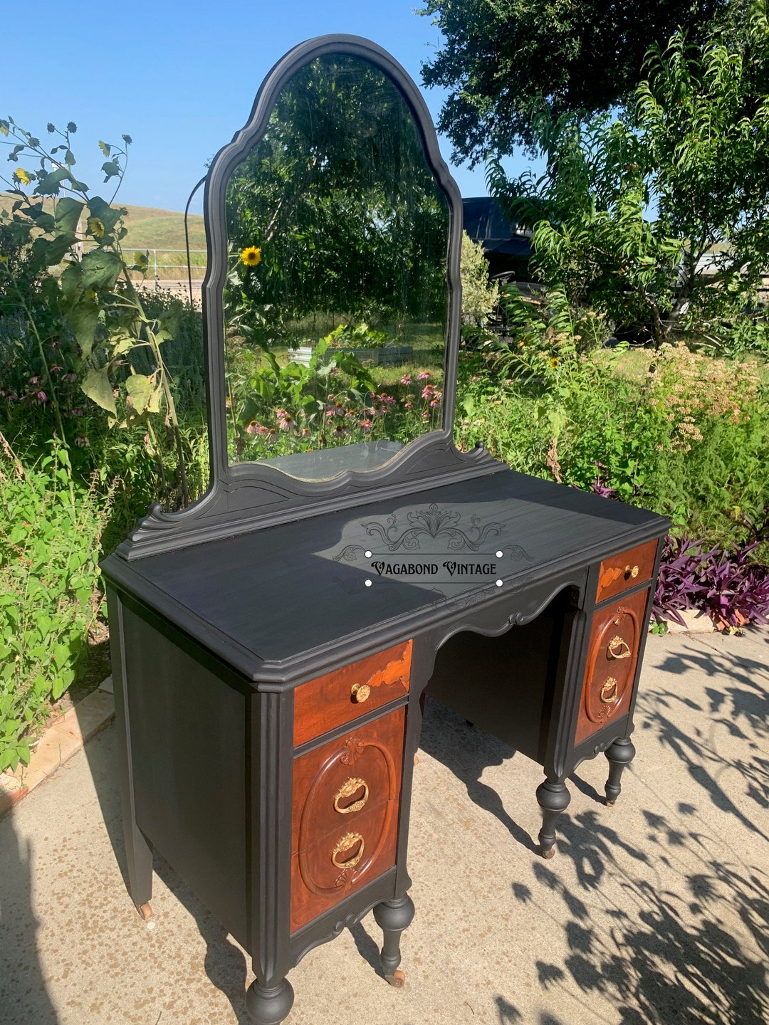 Vintage Painted Black Vanity With Mirror Etsy