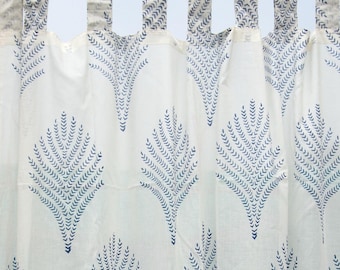 May include: White cotton curtains with a blue leaf pattern. The curtains have a rod pocket and are hung on a wooden rod.