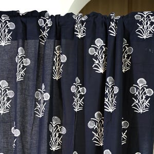 Set of 2 Cotton Hand Block Curtain Panels, Mughal Floral Print Drapes for Bedroom Living Room, Farmhouse Decor Curtains Window Treatments