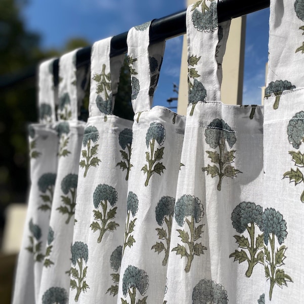 Hand Block Print Cotton Curtains, Blue Floral Tab Top Window Drapes for Boho Decor