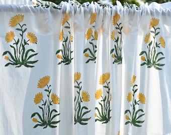 Yellow Floral Block Print Cotton Curtain Panels, Boho Farmhouse Decor
