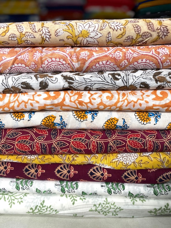 Cotton hand block print Fabric by the yard dress fabric, Floral printed kids women dress making fabric Soft light weight Fabric width 44"