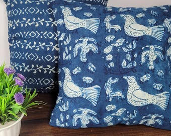 Indigo Blue Block Print Cotton Pillow Cover, Boho Farmhouse Cushion