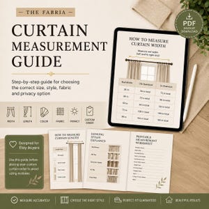 May include: A digital curtain measurement guide displayed on a tablet and printed sheets. The guide features text, diagrams, and tables with measurements in inches for rod width, standard, and premium curtain sizing, plus a printable worksheet.