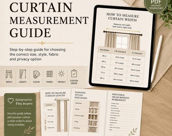 Guía de medición de cortinas con placa de presión, instrucciones imprimibles para medir cortinas, estilos de colgado, guía de telas y fruncido (PDF).