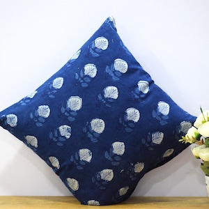Indigo Blue Block Print Pillow Cover, Cotton Throw Cushion