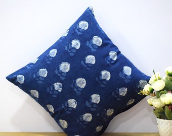 Indigo Blue Block Print Pillow Cover, Cotton Throw Cushion