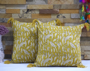 Juego de fundas de cojín de algodón con estampado de bloques y borlas, decoración bohemia