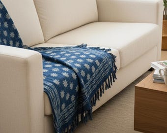 Indigo Blue Cotton Throw Blanket, Hand Block Print Floral Boho Bed Sofa Throw