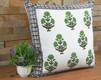 Green Floral Block Print Cushion Cover, Indian Handmade Pillow, Boho Farmhouse Throw Pillow Case