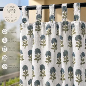 Block Print Curtains, Cotton Floral Curtain Panels, Indian Hand Block Drapes, Farmhouse Window Curtains, Custom Size